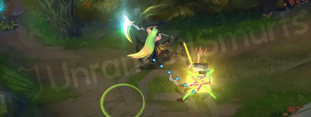 HEARTSTEEL Kayn (Shadow Assassin) basic attack showing green-pink scythe trails and comic pop marks