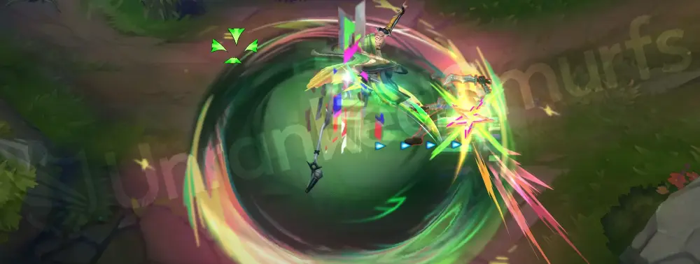 HEARTSTEEL Kayn (Shadow Assassin) Q with bright green and pink slash and yellow highlights