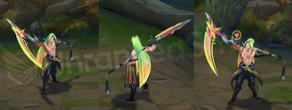 HEARTSTEEL Kayn (Shadow Assassin) overview, topless with green hair and a green-pink scythe and bright neon accents