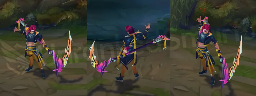 HEARTSTEEL Kayn in-game overview showing front and side with black-and-yellow stage outfit, pink and purple hair, eyepatch and a warped purple-orange scythe