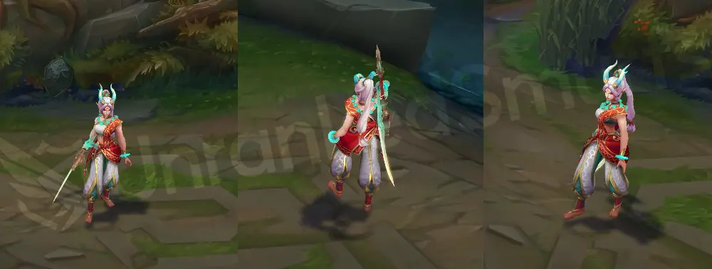 Heavenscale Diana in-game overview showing light violet hair, cyan horns, white-and-red scholar tunic, jade pendants, and a dragon-etched crescent blade
