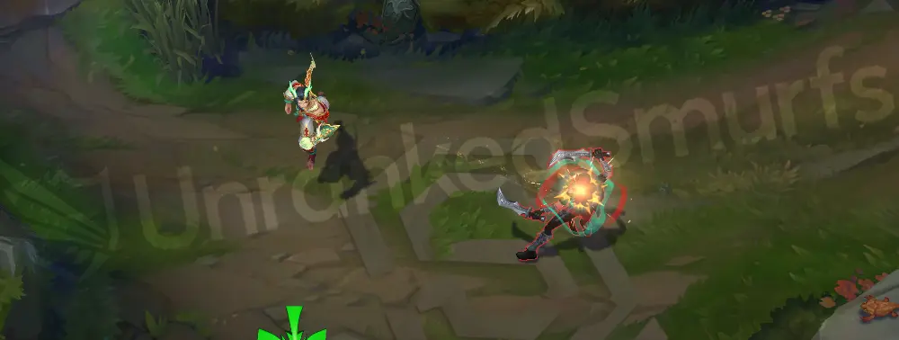 Heavenscale Ezreal basic auto attack animation with jade gauntlet trails and pale yellow sparks