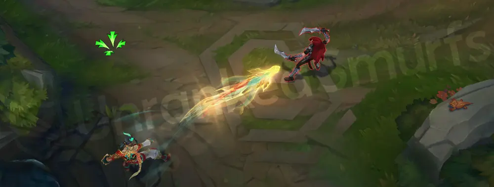 Heavenscale Ezreal Q - Mystic Shot frame 1 with green-cyan bolt and dragon-scale particle trail