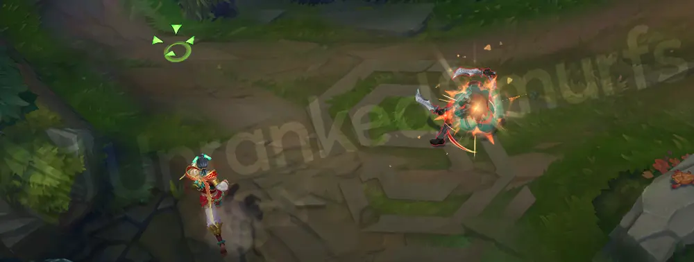Heavenscale Ezreal Q - Mystic Shot frame 2 showing red highlights and pale yellow flares