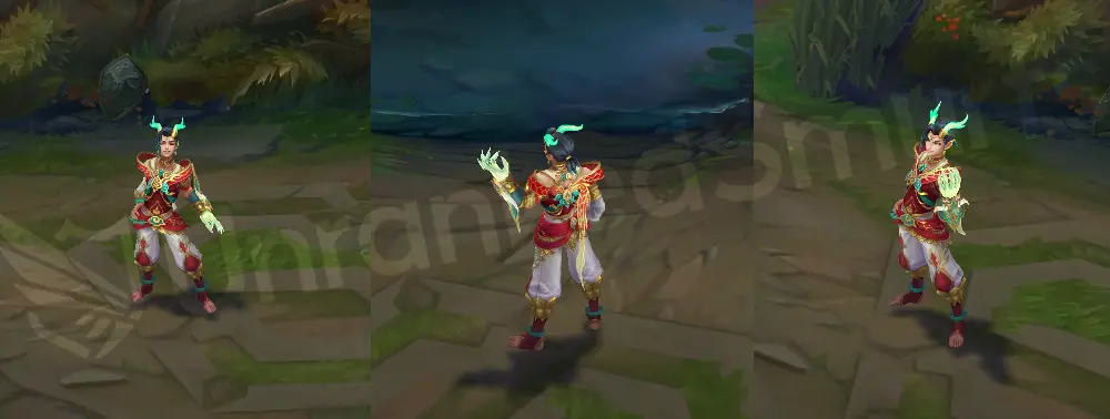 Heavenscale Ezreal in-game overview showing red-and-white royal robe, jade gauntlet, dark blue hair and green-cyan celestial horns