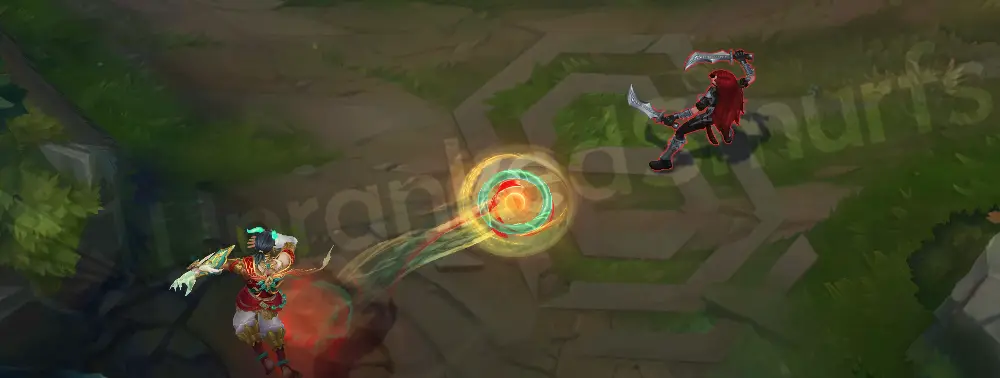 Heavenscale Ezreal W - Essence Flux frame 1 with red circular sigil and jade accents