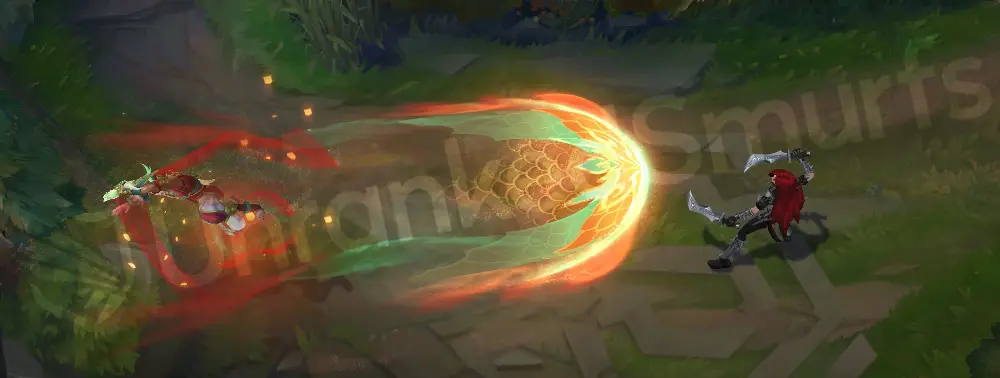 Heavenscale Ezreal R - Trueshot Barrage frame 1 with a wide red-and-green dragon-shaped beam