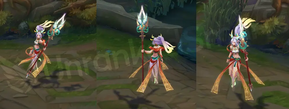 Heavenscale Janna in-game overview from front and side with purple-yellow hair, jade horns, white robe and flowing red fabric