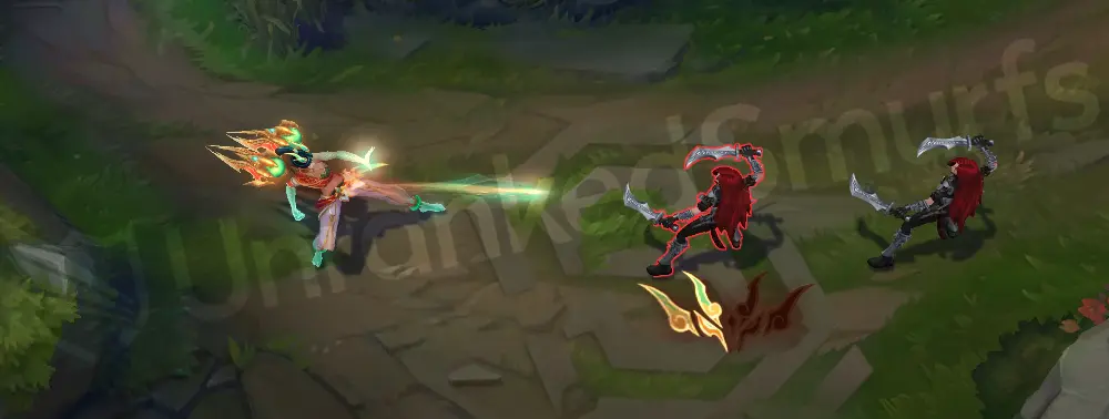 Heavenscale Kai'Sa basic attack animation part 1 with jade orbs held by golden hands and scale trails