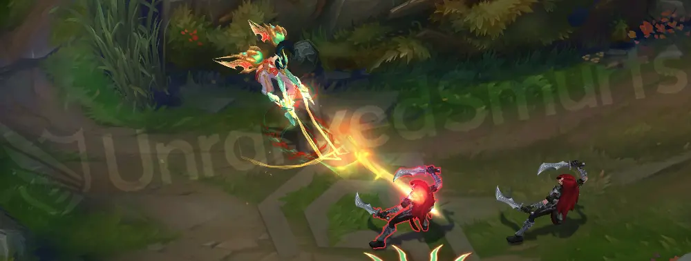 Heavenscale Kai'Sa E - dash with a jade trail and golden-hand motifs