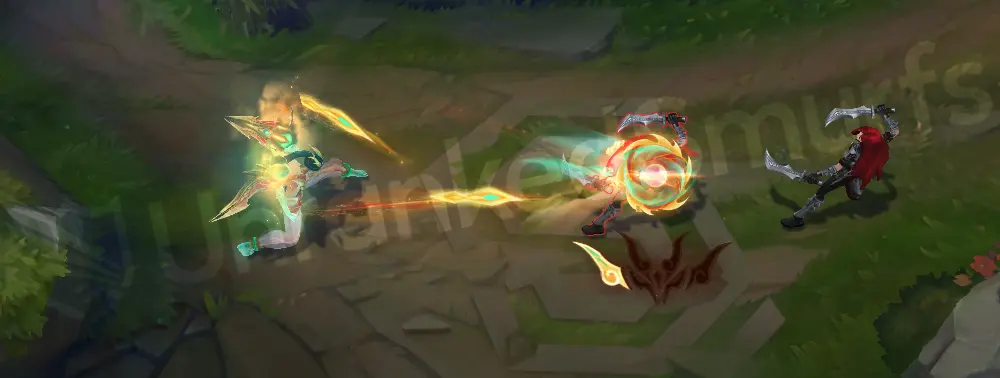 Heavenscale Kai'Sa Q - jade-green projectile with red accents and pale yellow sparkles