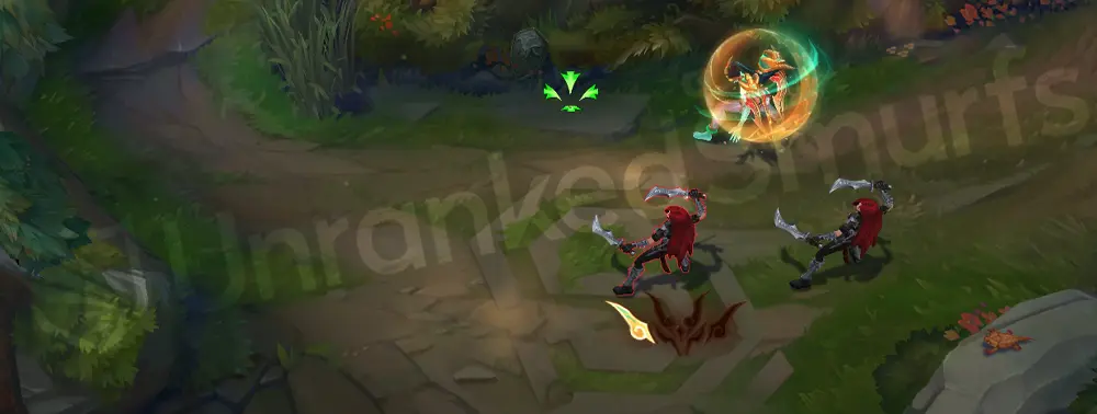 Heavenscale Kai'Sa R - impact frame showing pale yellow bursts and jade-scale effects