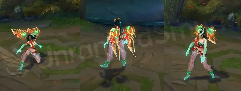 Heavenscale Kai'Sa in-game overview showing turquoise hair, jade celestial horns, a white-and-red tunic, and jade-scaled arms and feet