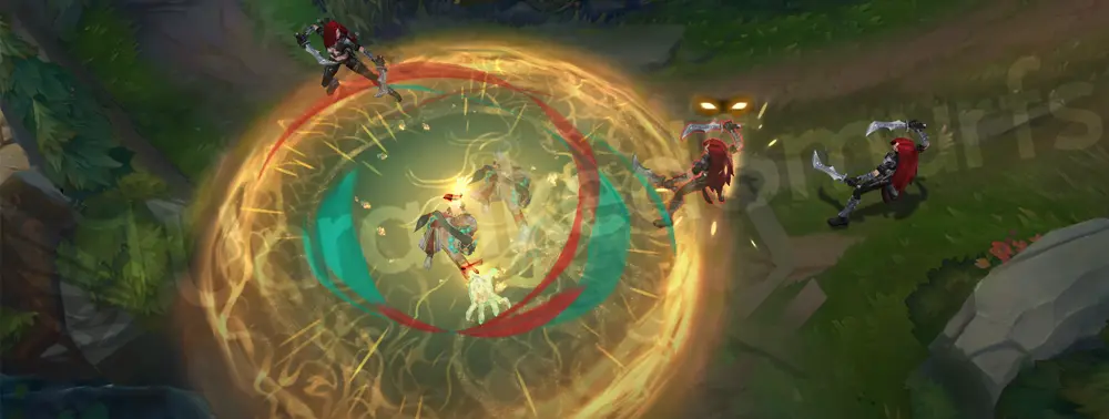 Heavenscale Lee Sin E - area pulse with red-and-green shimmer and pale yellow undertones