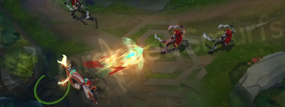Heavenscale Lee Sin Q - part 1 showing a dragon-infused projectile and cyan-and-red energy trail
