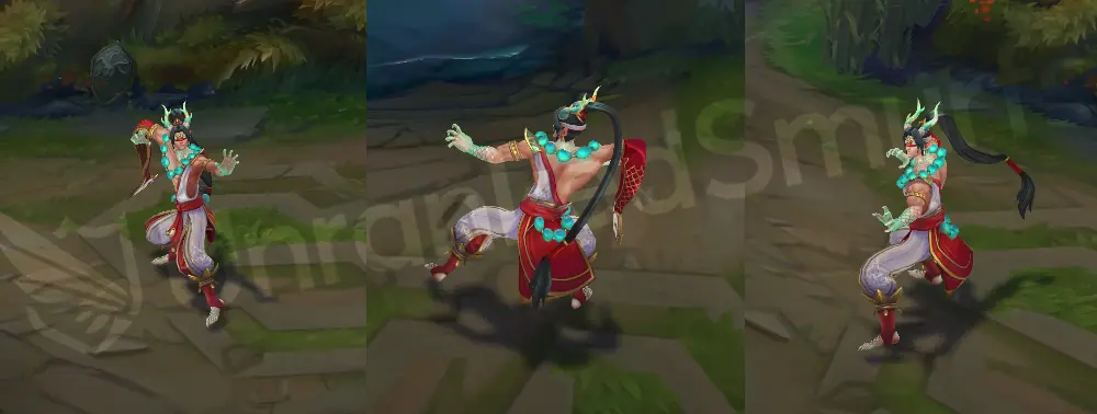 Heavenscale Lee Sin in-game overview showing front and side with cyan celestial horns, red-and-white martial tunic and cyan orb necklace