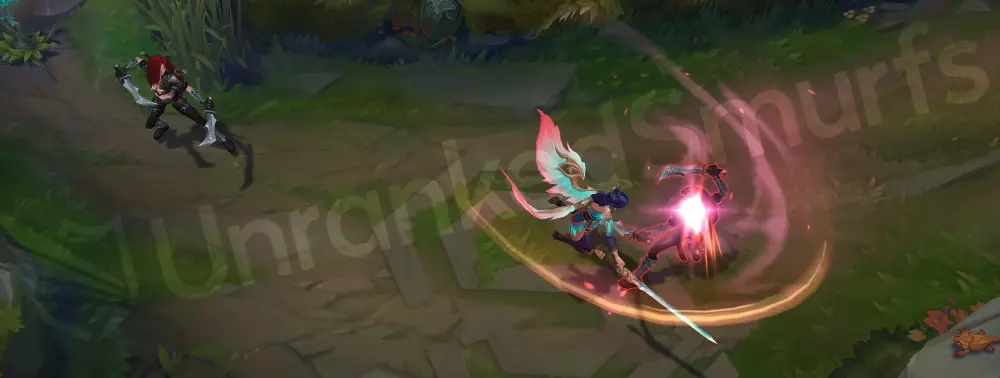 Immortal Journey Kayle basic auto attack animation with cyan blade swing and peach-pink particle trail