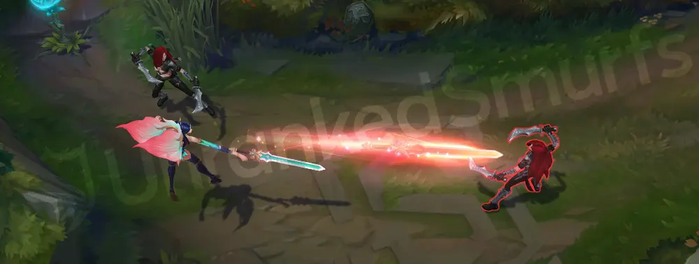 Immortal Journey Kayle E part 1 with extended wing feathers and cyan-pink empowered attack effects