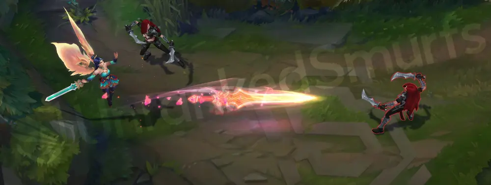 Immortal Journey Kayle Q part 1 where she balances a raindrop on her blade before casting a peachy-orange strike