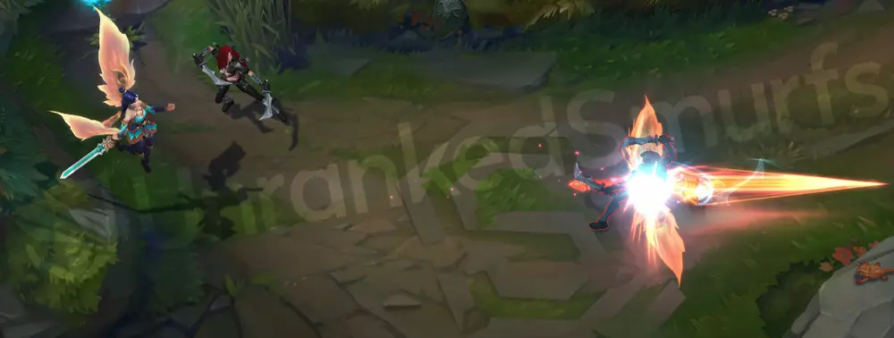 Immortal Journey Kayle Q follow-through with soft feather particles and radiant orange highlights