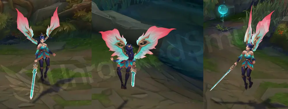 Immortal Journey Kayle in-game overview showing royal cyan and red robe with pink and cyan feathery wings and dark blue hair in a bun