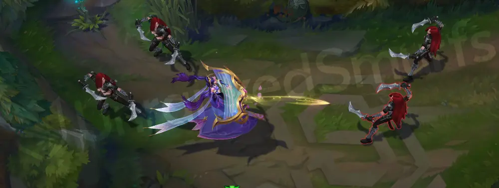 Immortal Journey Sona basic attack animation with delicate musical note trails and pink gem accents
