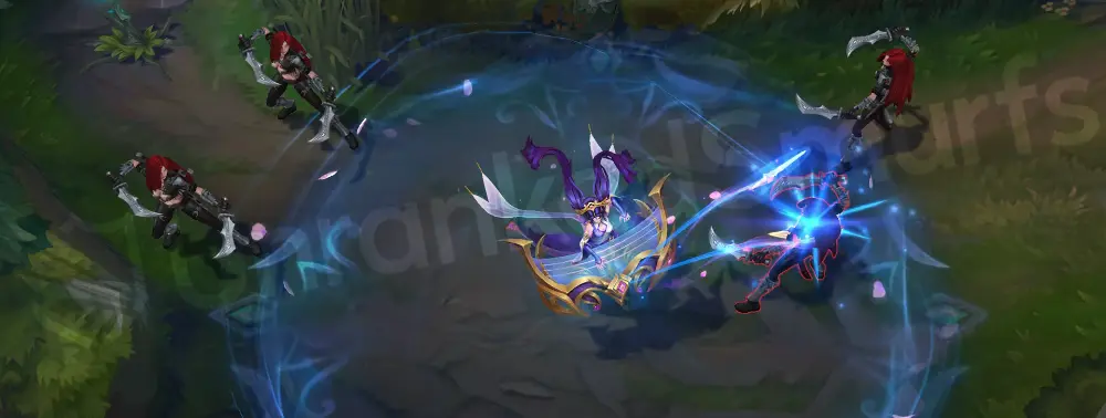 Immortal Journey Sona Q - first cast with a curved note arc and pink-purple shimmering particles