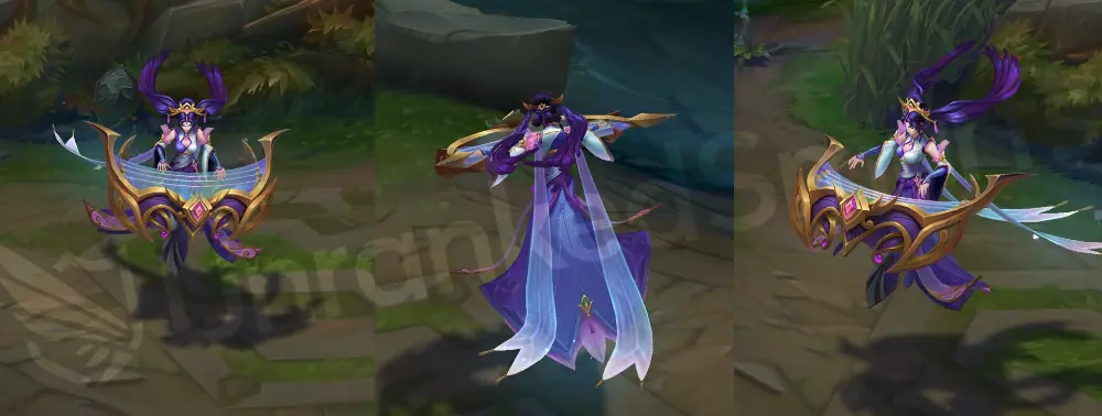 Immortal Journey Sona in-game overview, front and side view with purple, white and pink flowing dress, gold crown and gem-encrusted etwahl