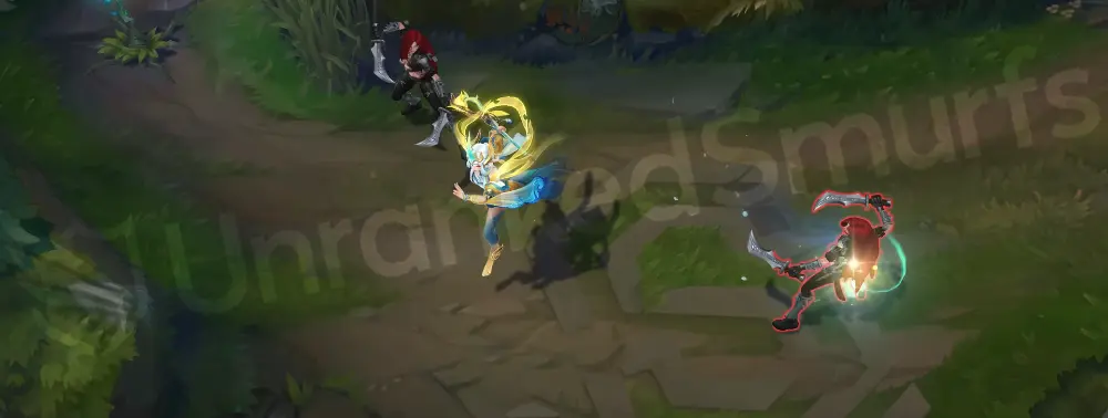 Immortal Journey Soraka basic auto attack animation showing her staff swing with green and blue petal particles