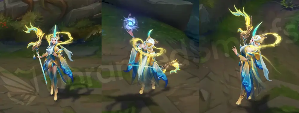 Immortal Journey Soraka in-game overview, front and side view wearing flowing blue-white-gold robes with a cyan horn and a small golden crown