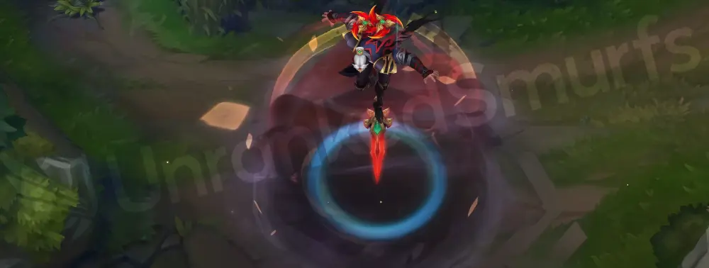 Immortal Journey Zed custom recall where Zed flies around a painted landscape on a giant sword