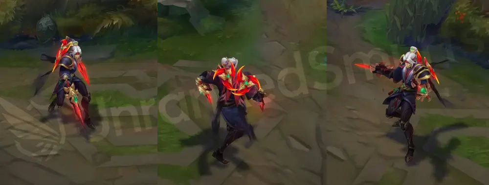 Immortal Journey Zed in-game overview, front and side view with white hair, red headband and blue-and-red martial arts outfit