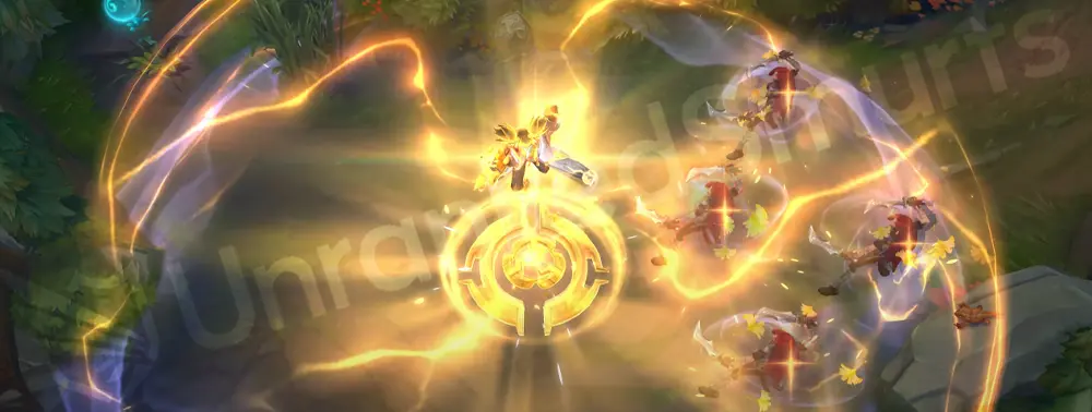 Immortal Journey Zeri R - ultimate beam with layered blue-and-yellow energy and cloud motifs