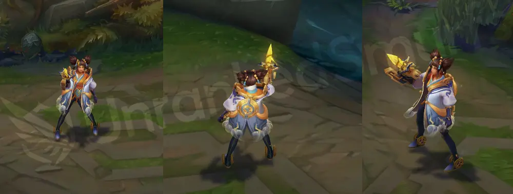 Immortal Journey Zeri in-game overview, front and side view showing orange-and-black outfit under a cloudy white jacket and mechanized gun with lightning motifs