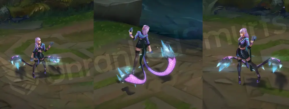 K/DA ALL OUT Evelynn in-game overview wearing a purple cropped jacket, black cutout top, leather skirt and high ponytail