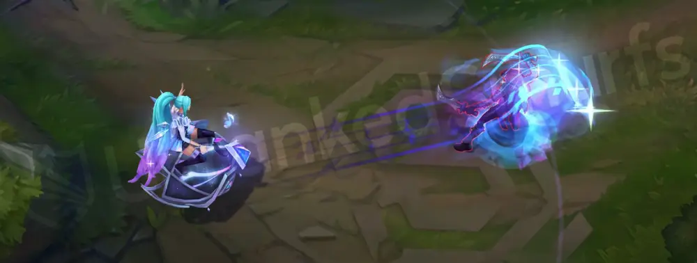 K/DA ALL OUT Seraphine E - linking effect with cyan ribbons and star highlights