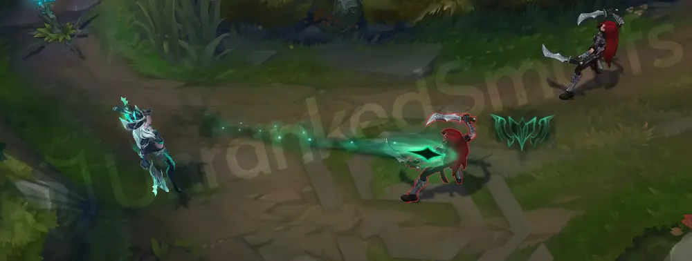 Ruined Miss Fortune basic attack projectile trail (teal ruin energy)