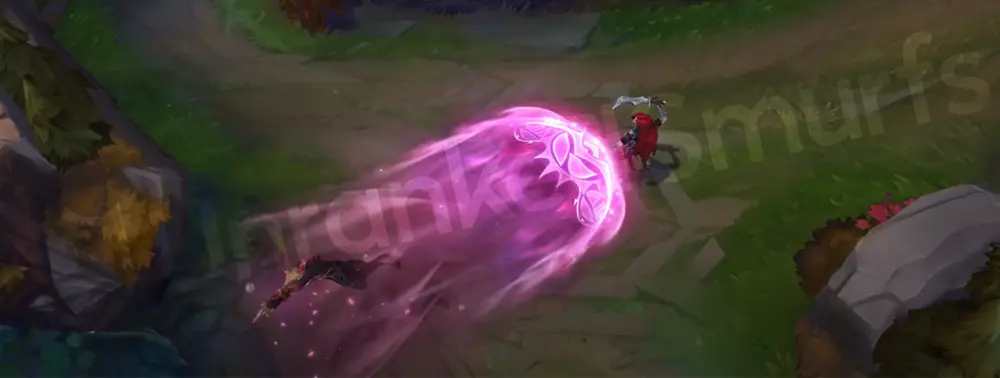 Masque of the Black Rose Ezreal R - Trueshot Barrage beam streaking forward in bright pink-red with petal shards