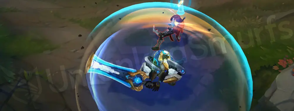 Mecha Kingdoms Garen E - Judgment spinning with blue energy trails and hex-tech sparks