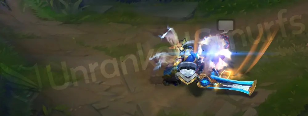 Mecha Kingdoms Garen Q - Decisive Strike with blue hard-light edge on the sword and yellow booster glow