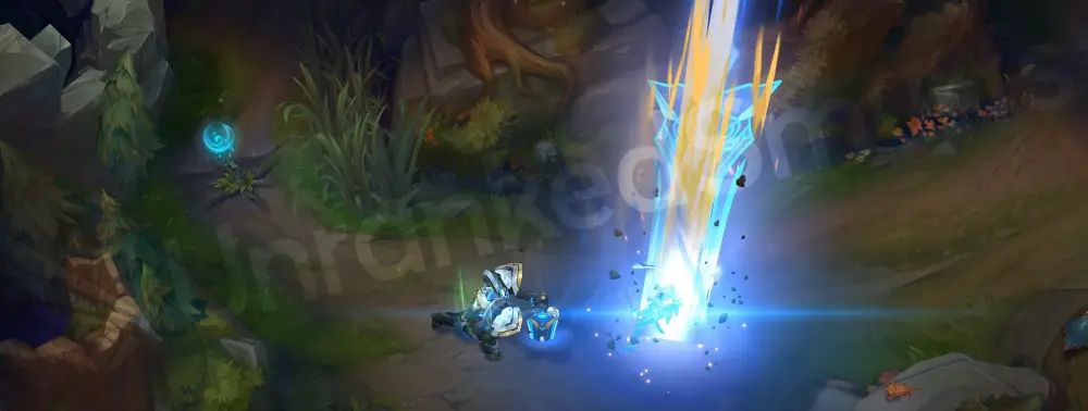 Mecha Kingdoms Garen R - Demacian Justice calling down a blue-gold energy strike with tech-like circuit motifs