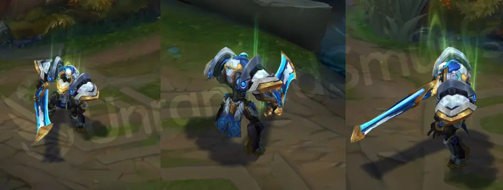 Mecha Kingdoms Garen in-game overview from front and side, showing gold-trimmed blue-core exosuit and translucent energy blade