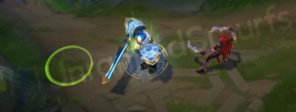 Mecha Kingdoms Garen W - Courage projecting a blue-and-gold kinetic shield aura
