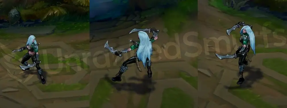 Mercenary Katarina in-game overview, front and side views showing green tactical crop top, dark cargo pants, silver plates, and weathered daggers