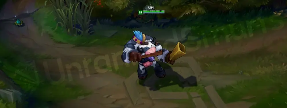 Moo Cow Alistar joke animation where he bangs a cowbell for comedic effect