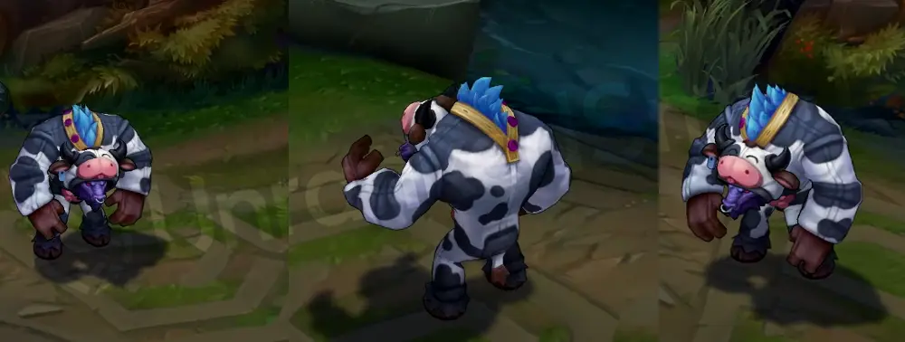 Moo Cow Alistar in-game overview from the front and side, showing the plush black-and-white cow suit, pink snout hood, and cowbell collar