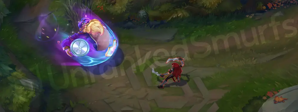 Music Fan Gragas E - Body Slam: cyan-blue dash streaks with neon motion lines, first angle