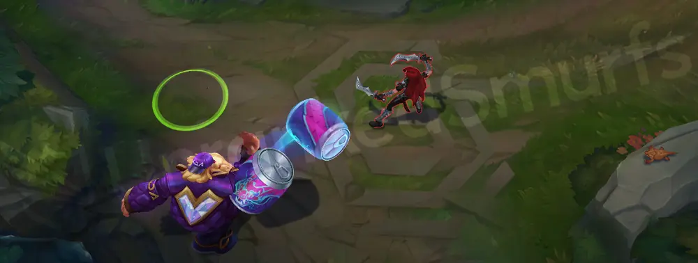 Music Fan Gragas Q - Barrel Roll: throws a blue-purple soda can with cyan trails and fizzy neon particles, first angle