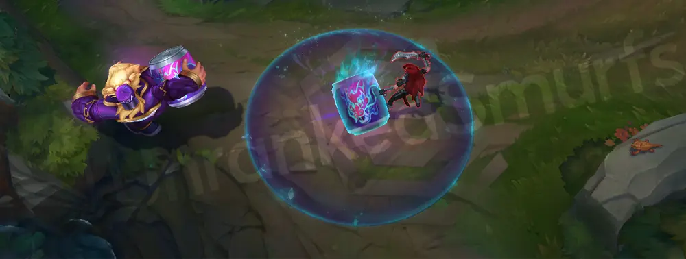 Music Fan Gragas Q - Barrel Roll: soda can rolling with glowing cyan-blue highlights and purple undertones, second angle