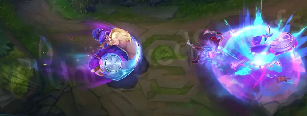 Music Fan Gragas R - Explosive Cask: wide cyan-purple blast ring disperses enemies, second angle